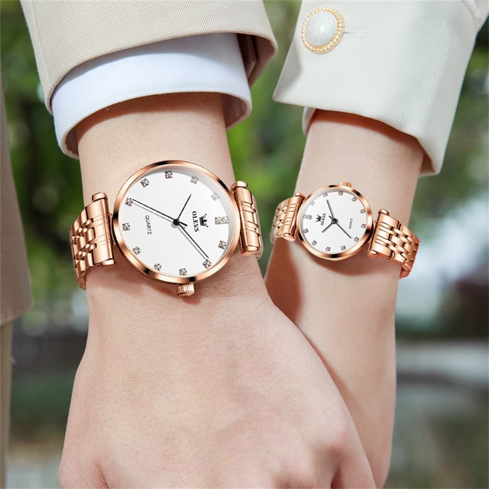 OLEVS Couple Watch Faceted Crystal Diamond Marker Stainless Steel Quartz 5596