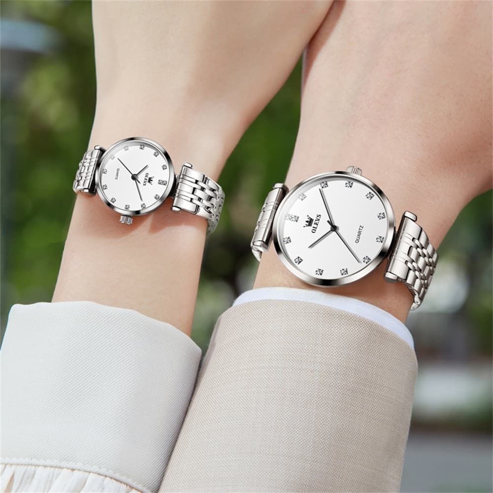 OLEVS Couple Watch Faceted Crystal Diamond Marker Stainless Steel Quartz 5596