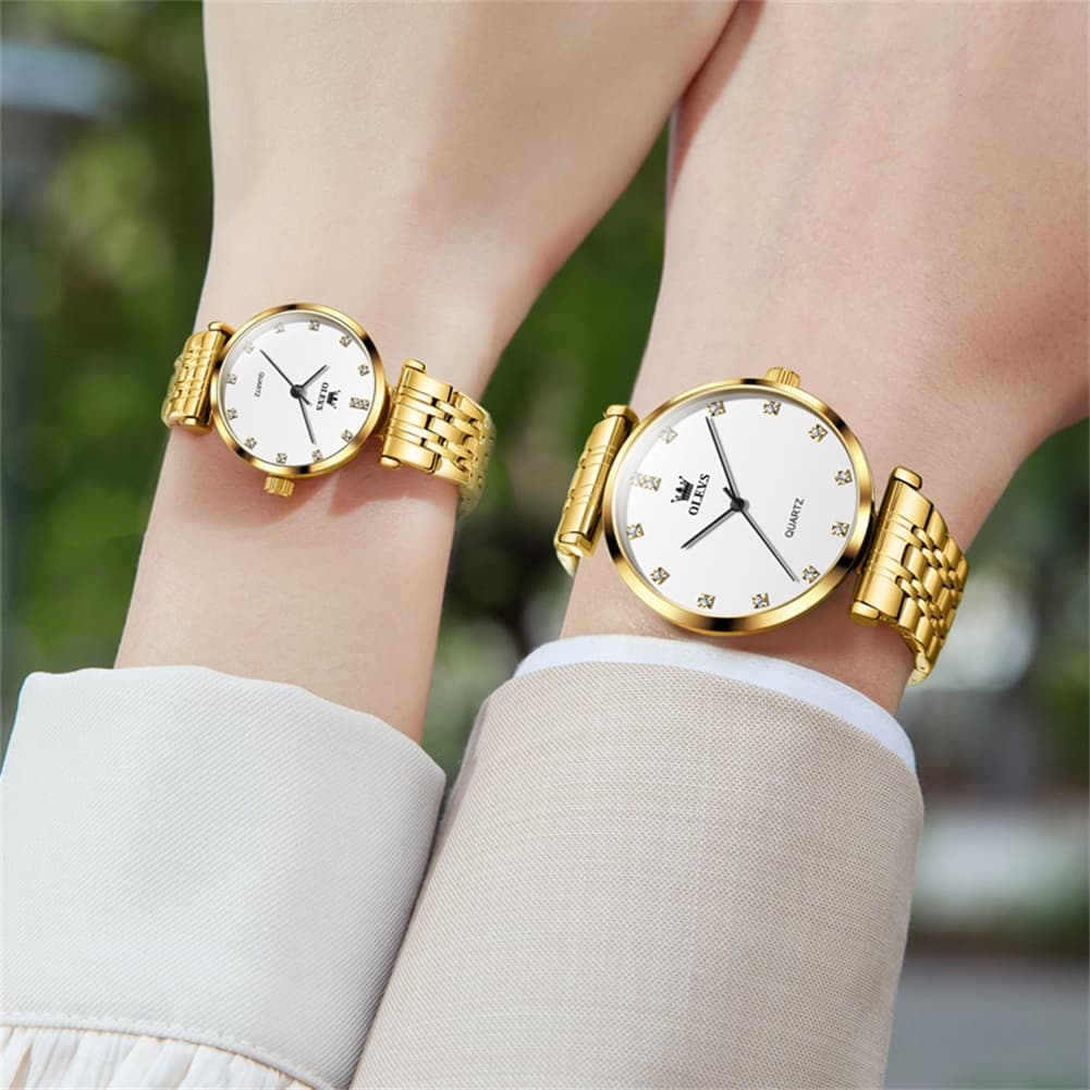 OLEVS Couple Watch Faceted Crystal Diamond Marker Stainless Steel Quartz 5596