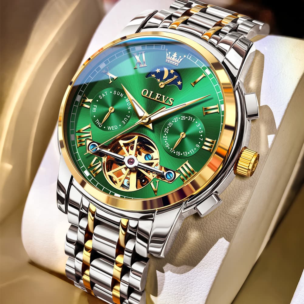 OLEVS 6617 Automatic Mechanical Tourbillon Moon Phase Watch for Men