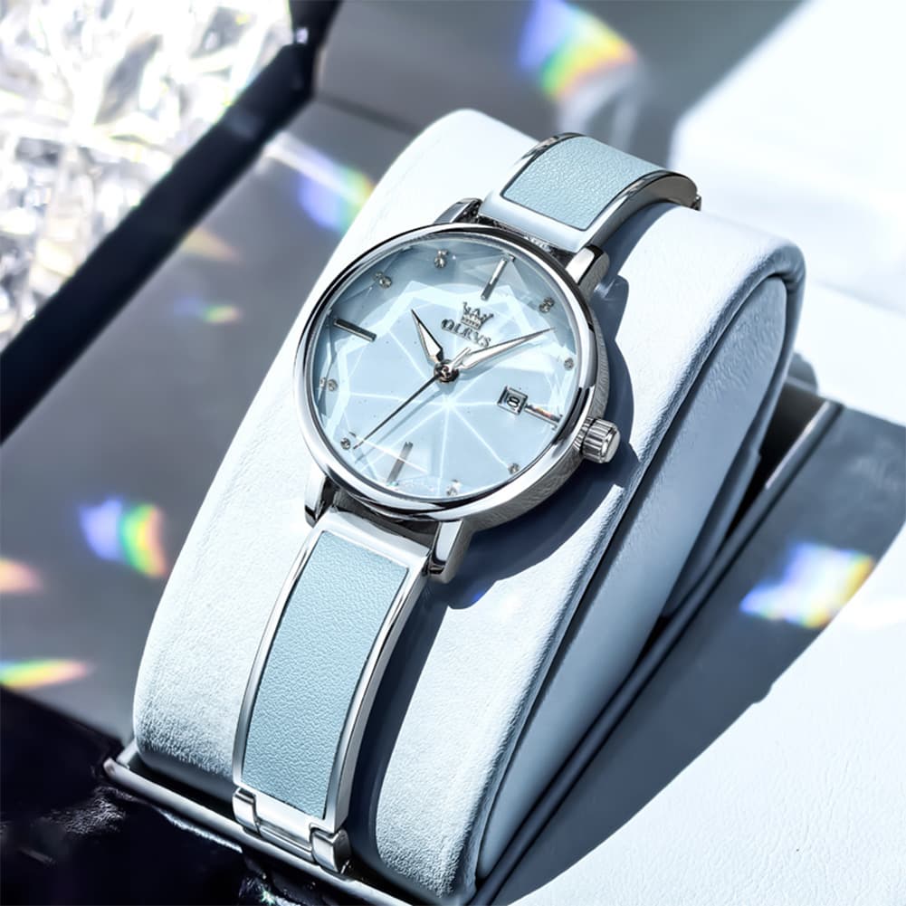 OLEVS 5656 Diamond Cut Faceted Crystal Quartz Watch Leather or Steel Bracelet Elegant Dress Timepiece for Women