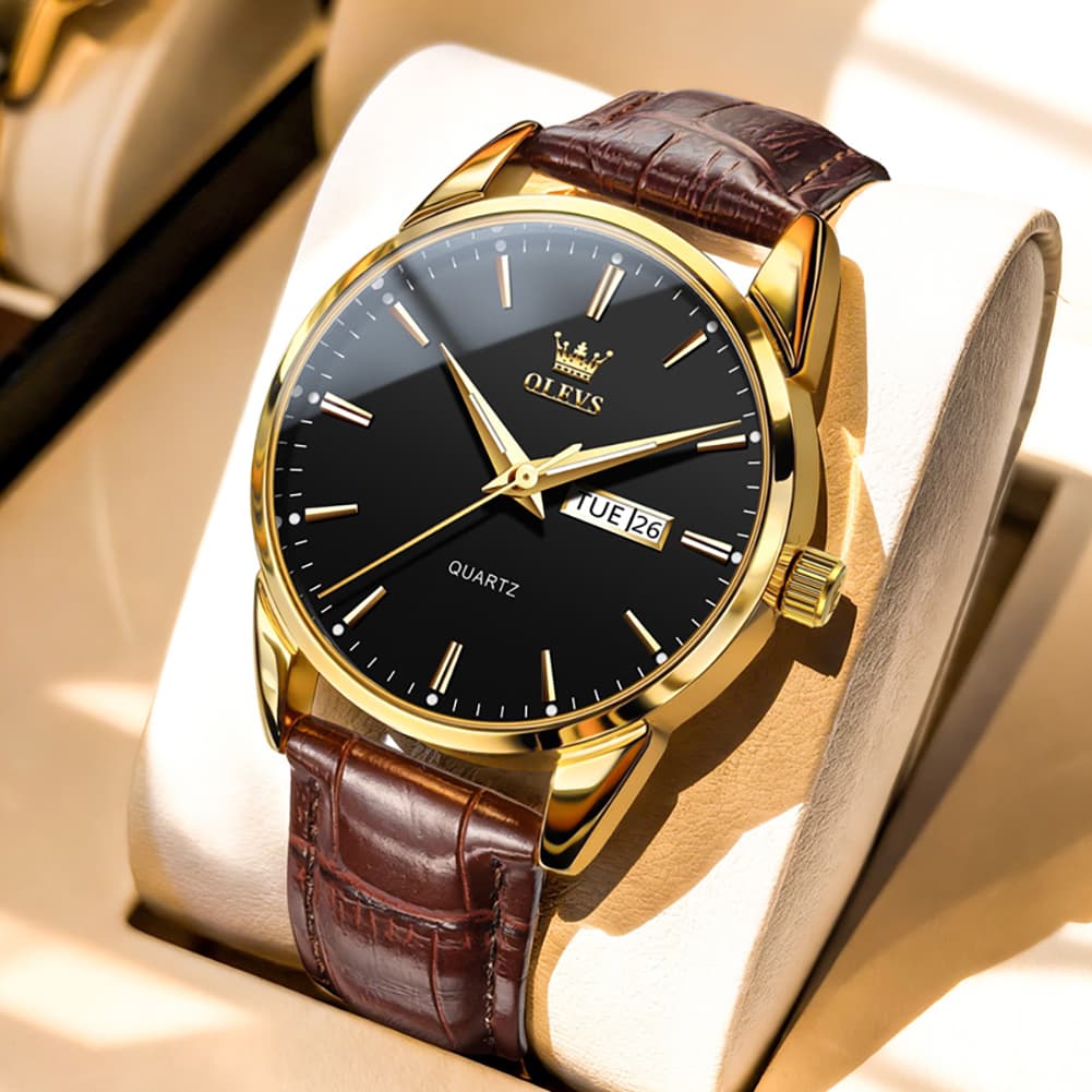 OLEVS 6898P Ultra Thin Day Date Watch Leather Strap Quartz Casual Timepiece for Men