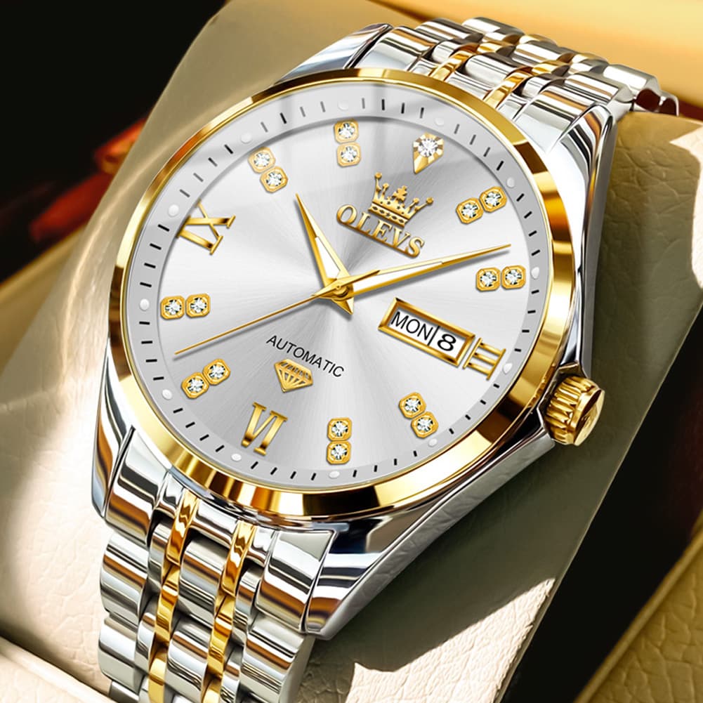 OLEVS Diamond Dial Automatic Mechanical Watch 9801 Day Date for Men