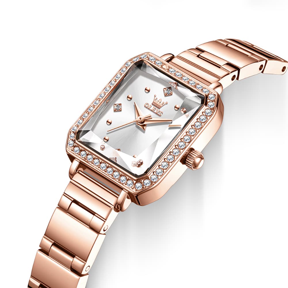 OLEVS 5688 Beveled Edge Crystal Rectangular Watch Diamond Bezel Stainless Steel Quartz Timepiece for Women