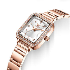 OLEVS 5688 Beveled Edge Crystal Rectangular Watch Diamond Bezel Stainless Steel Quartz Timepiece for Women