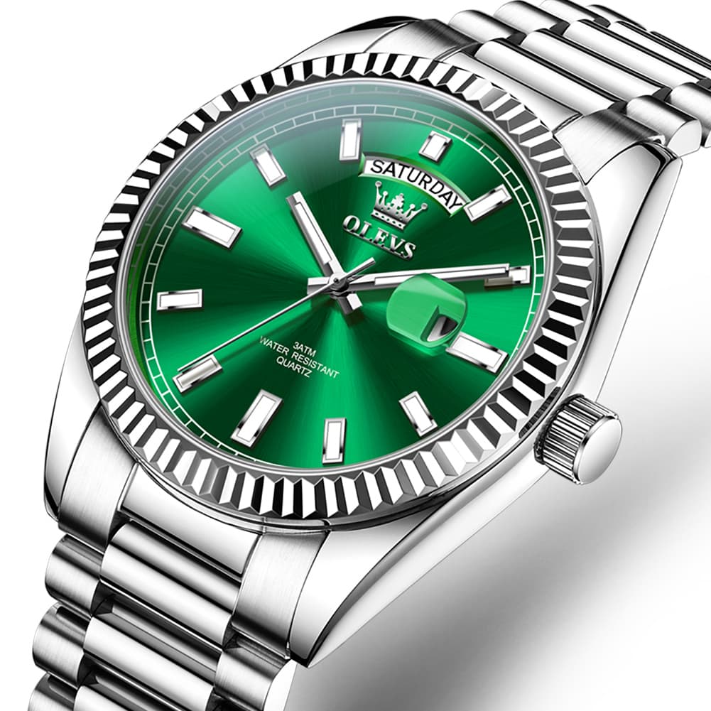 OLEVS 5650 Fluted Bezel Day Date Watch Stainless Steel Quartz Luxury Timepiece for Men