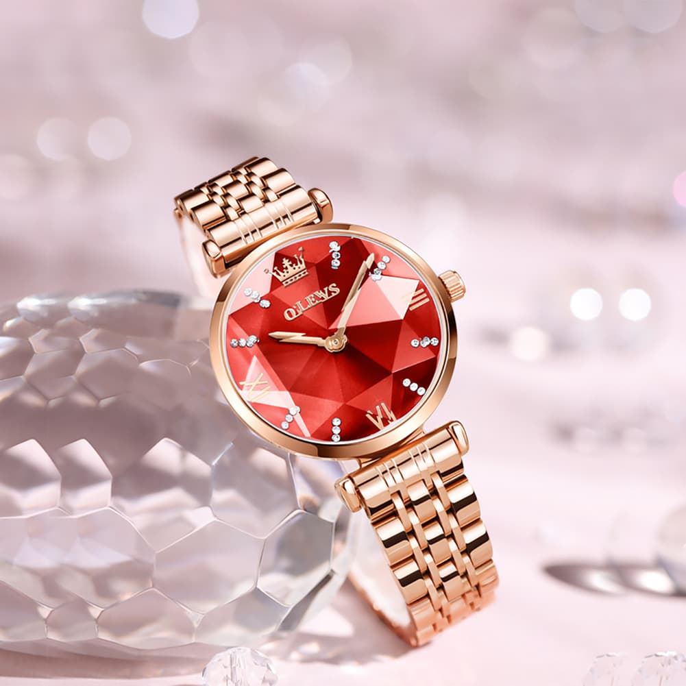 OLEVS 6642 Prism Cut Crystal Watch Rose Gold Stainless Steel Japan Quartz Timepiece for Women