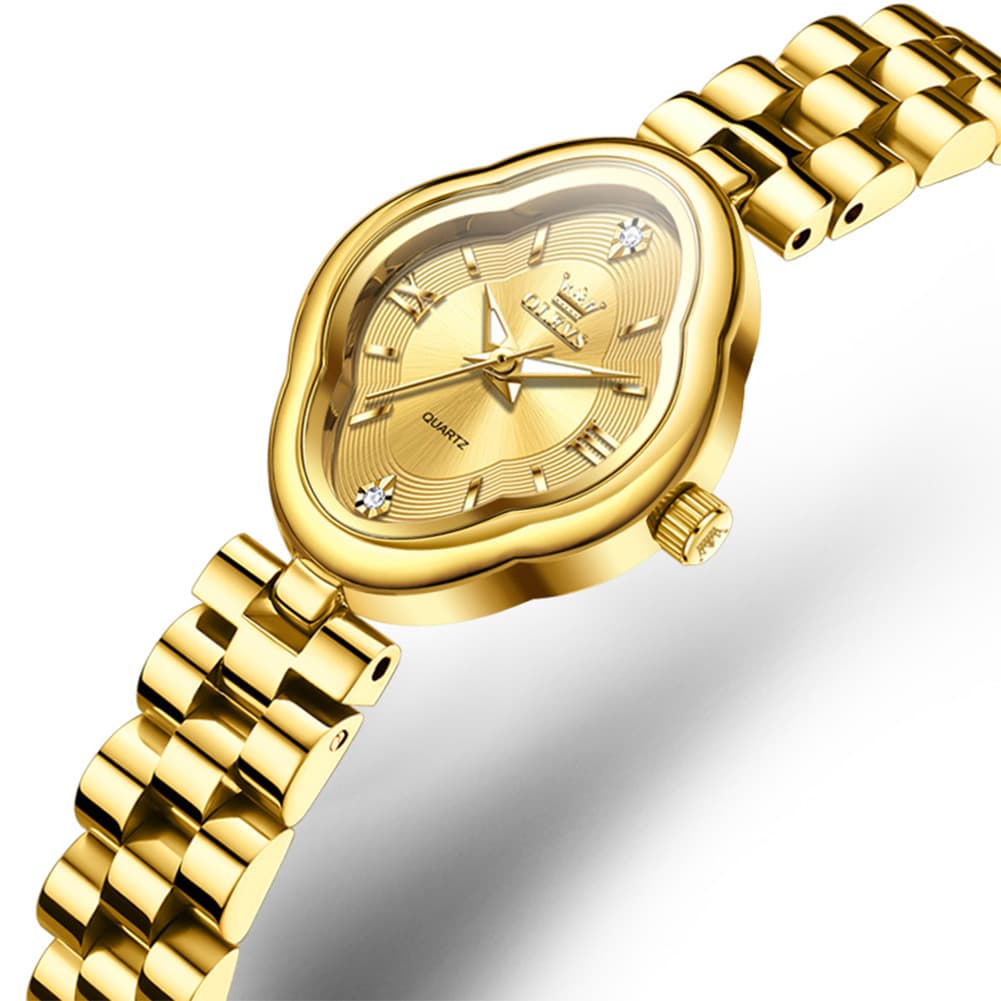 OLEVS 5666 Petal Case Vintage Dress Watch Gold Bracelet Quartz Jewelry Timepiece for Women