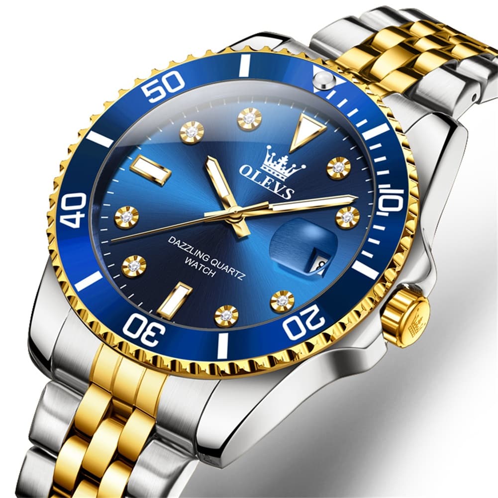 OLEVS 9809 Rotating Bezel Diamond Dial Stainless Steel Quartz Watch for Men