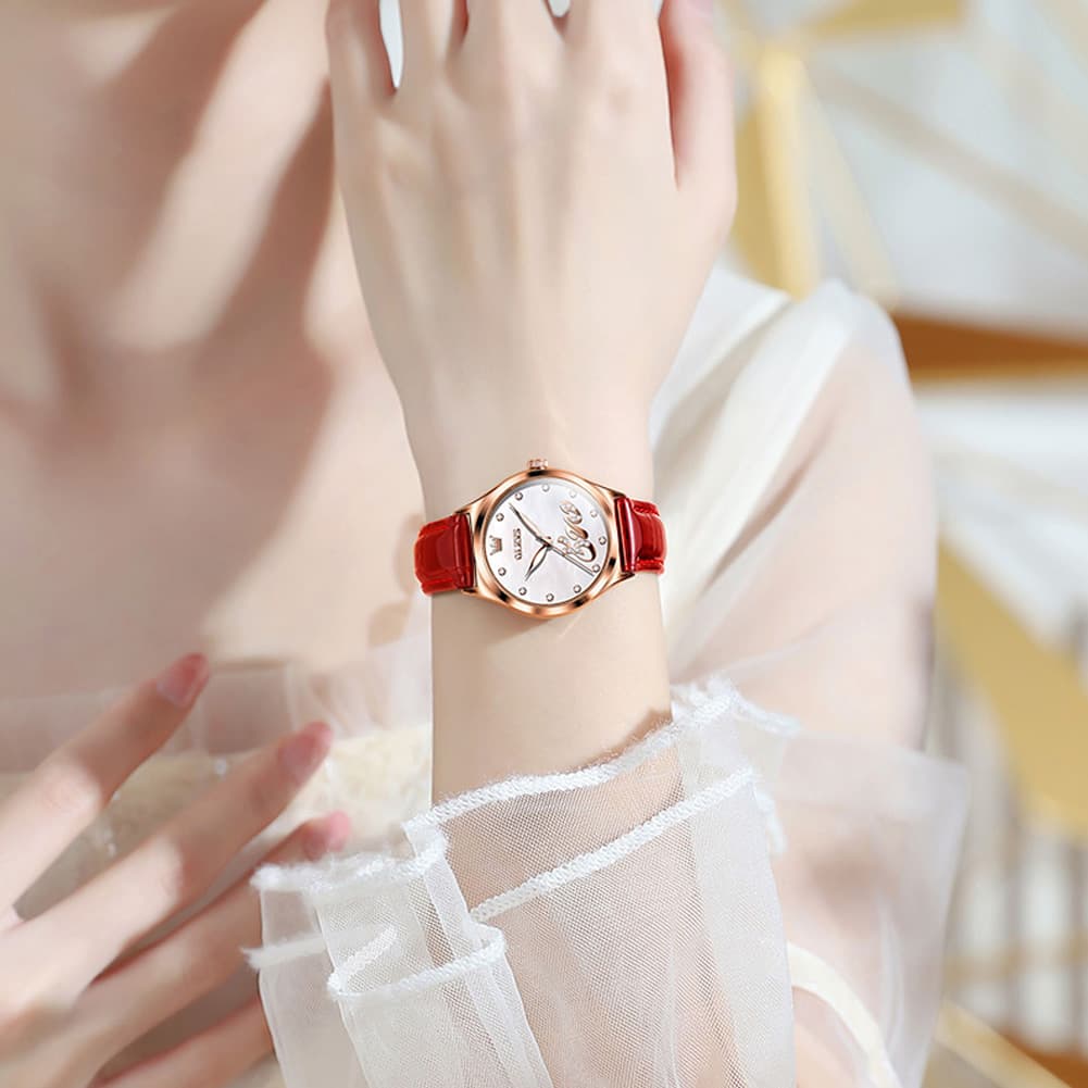 OLEVS 5581 Love Motif Diamond Watch Rose Gold Leather Strap Romantic Gift Timepiece for Women