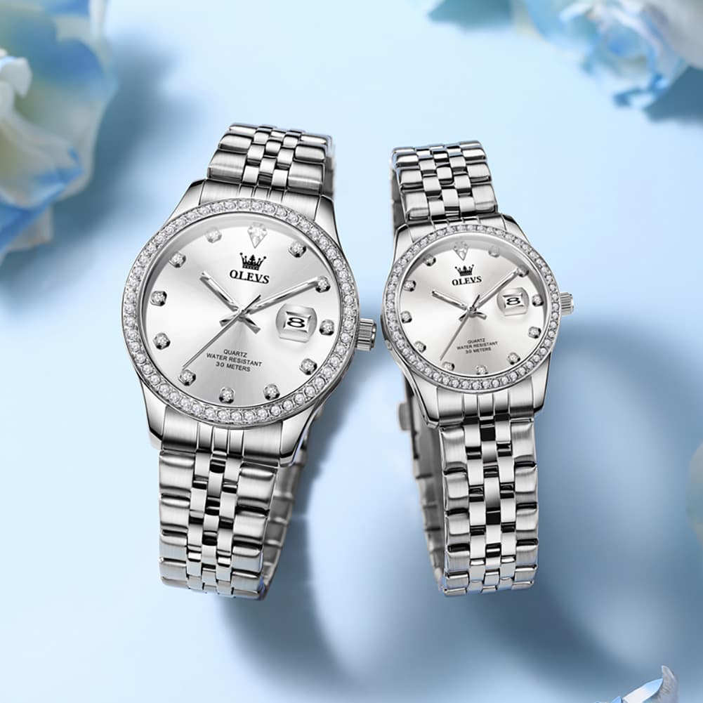 OLEVS 3629Q Diamond Bezel Quartz Couple Watches Set