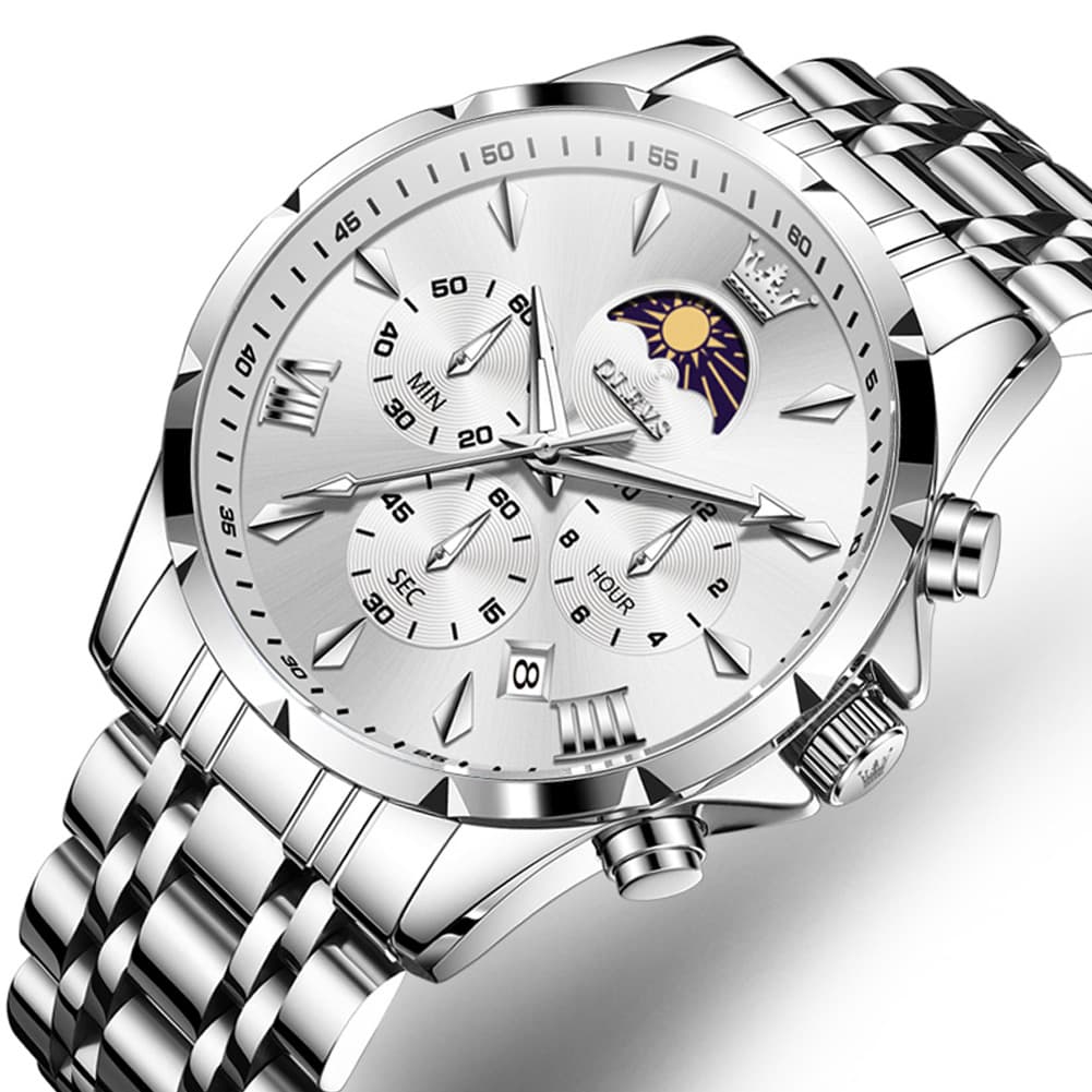 OLEVS 3653 Chronograph Moon Phase Sporty Dial Stainless Steel Watch For Men