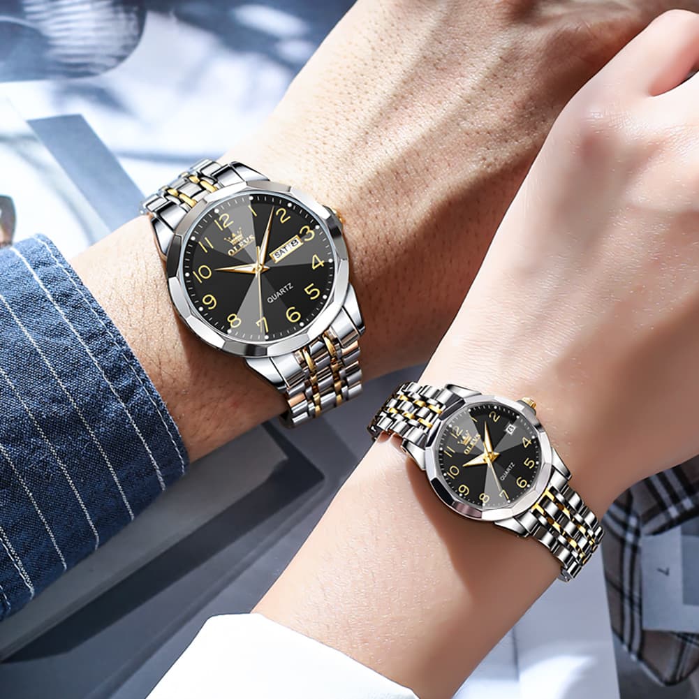 OLEVS 9970Q 3D Faceted Glass His and Hers Couple Watch Set