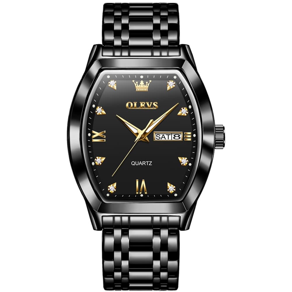 OLEVS Tonneau Diamond Dial Day Date Quartz Watch 5528 Steel Band for Men