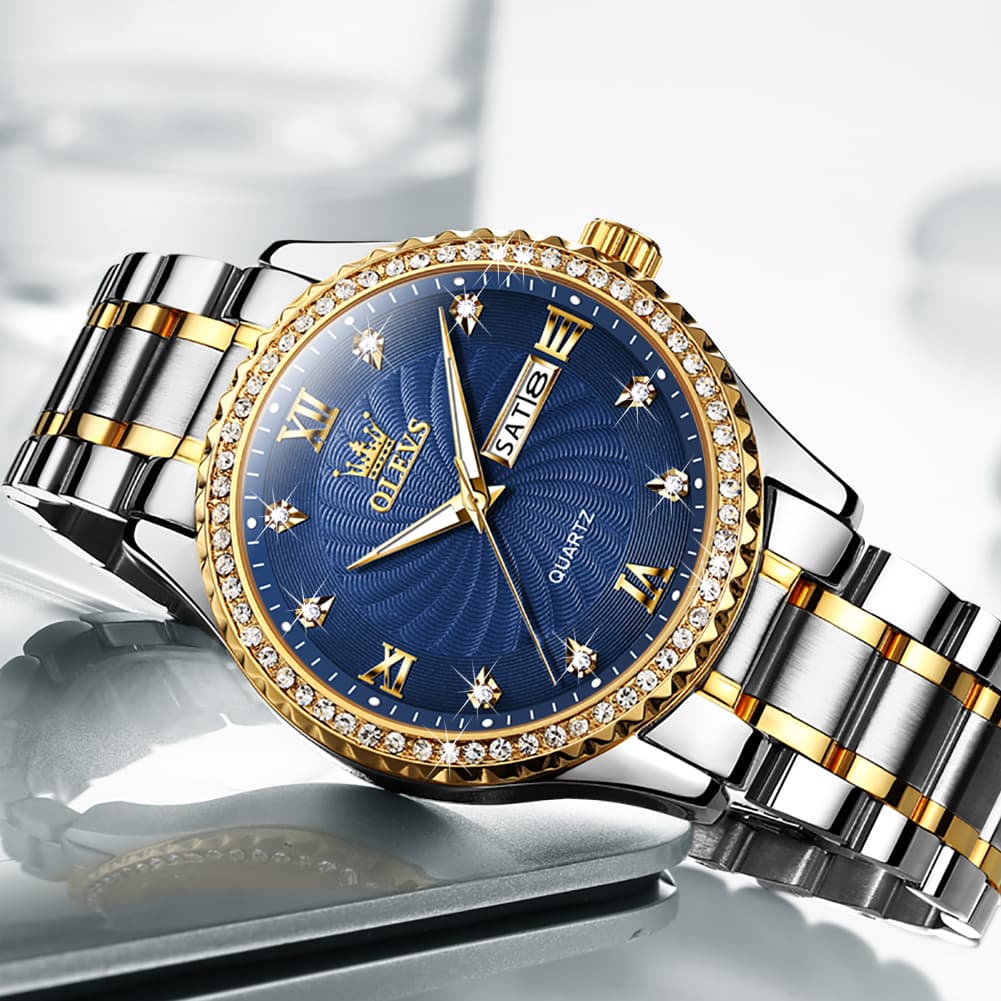 OLEVS Men Diamond Bezel Watch Two Tone Stainless Steel Quartz Day Date 5565
