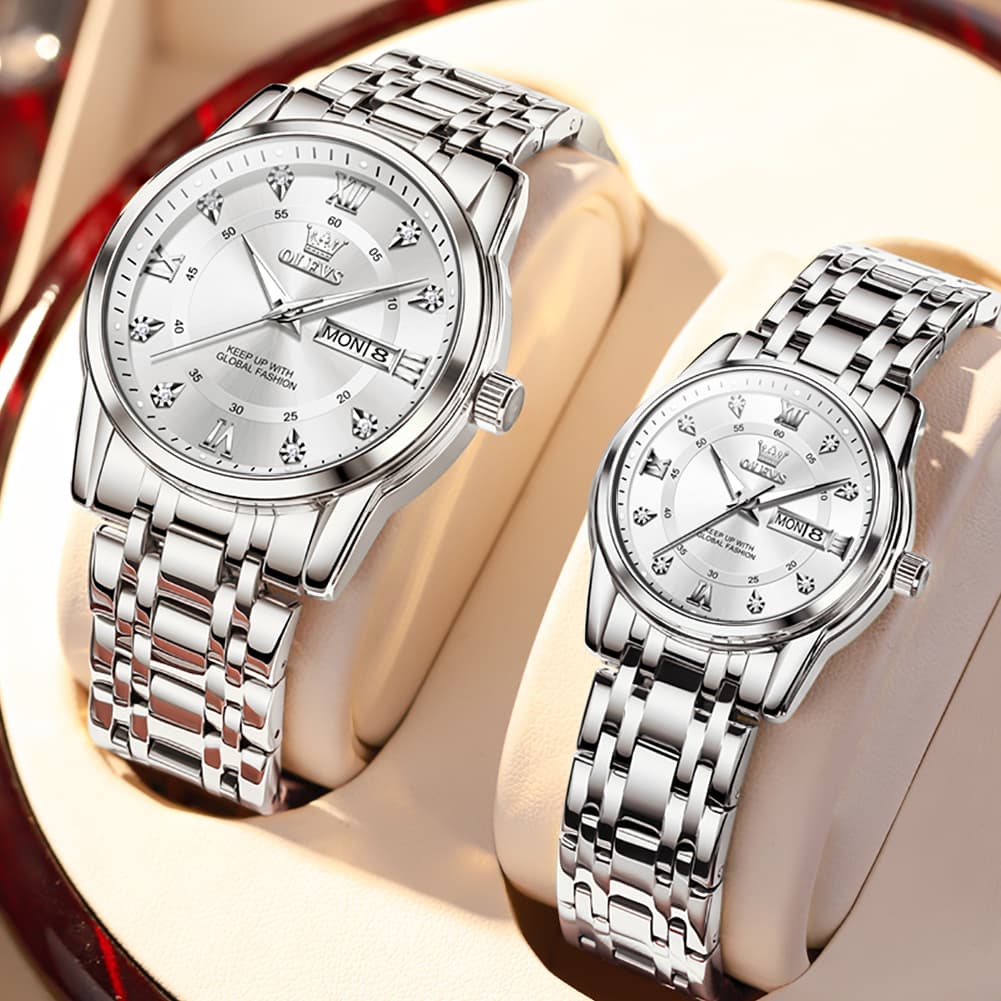 OLEVS Couple Watches Diamond Dial Day Date Quartz Watch 5513 Steel Band for His and Hers