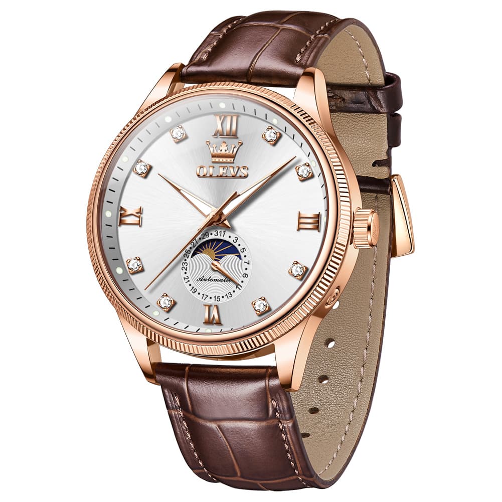 OLEVS 7039 Leather Moon Phase Mechanical Watch For Men