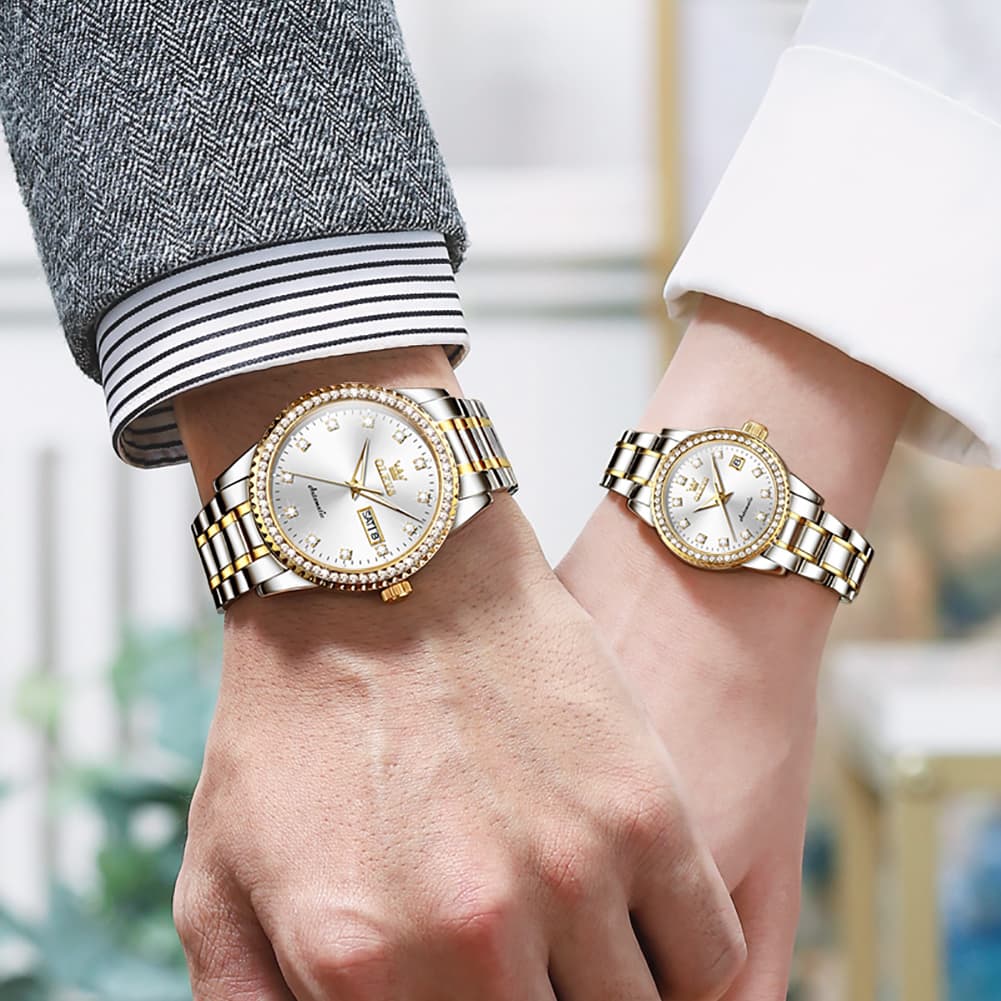 OLEVS 7003Q Diamond Bezel Automatic Couple Watch Set