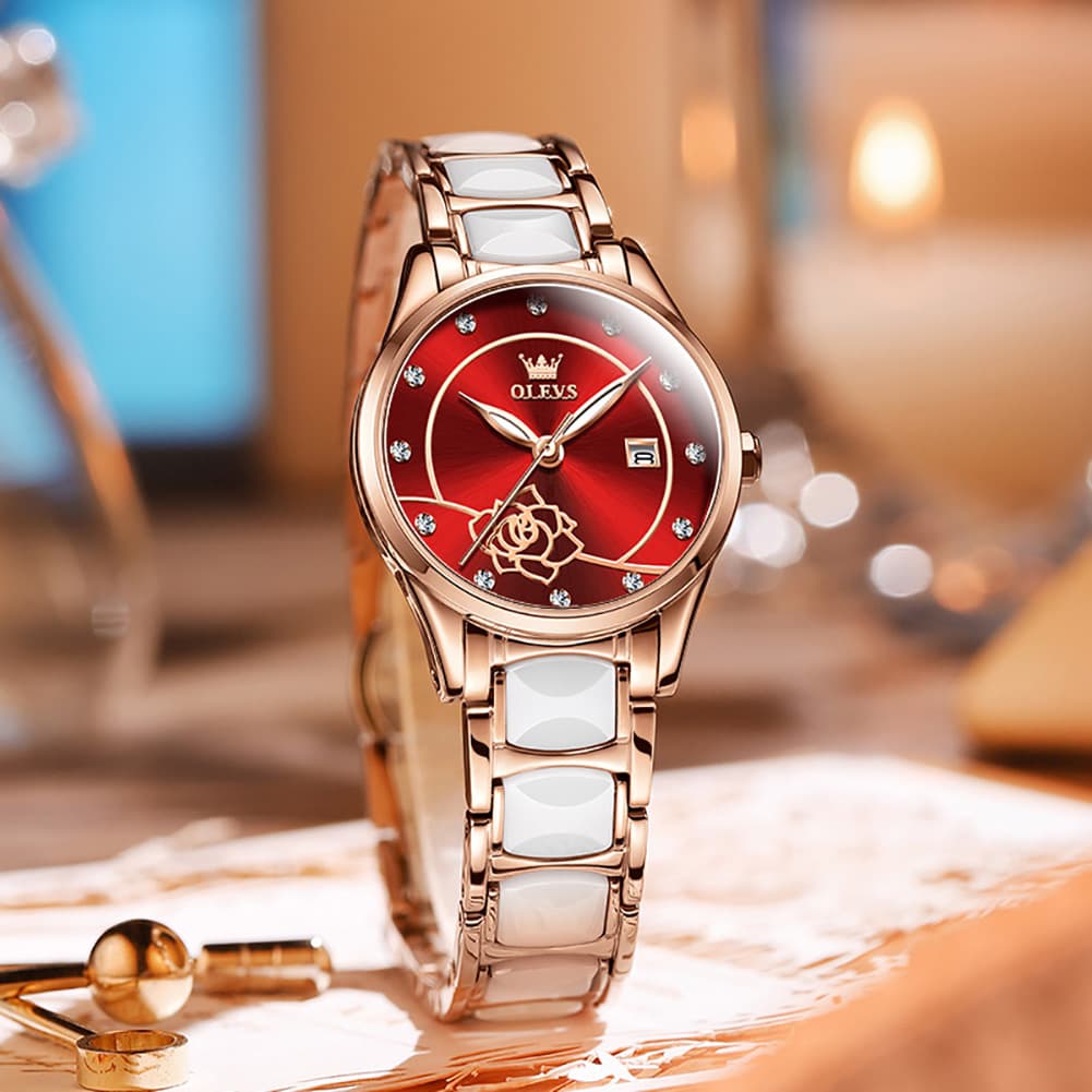 OLEVS 3606 Ceramic Rose Motif Quartz Watch for Women