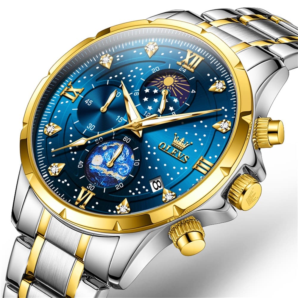 OLEVS 9807 Starry Moon Phase Chronograph Quartz Watch for Men