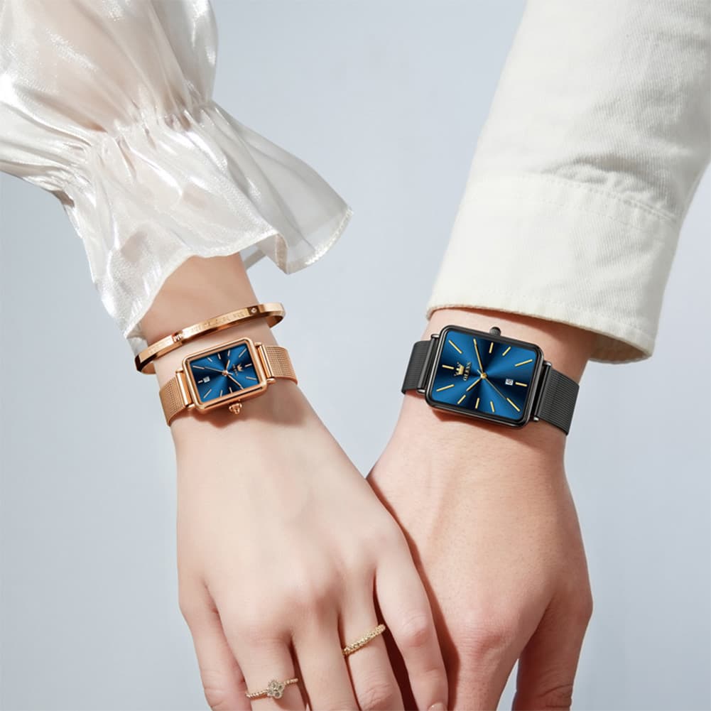 OLEVS 3692 Matching Couples Watch Set Rectangle Minimalist Mesh