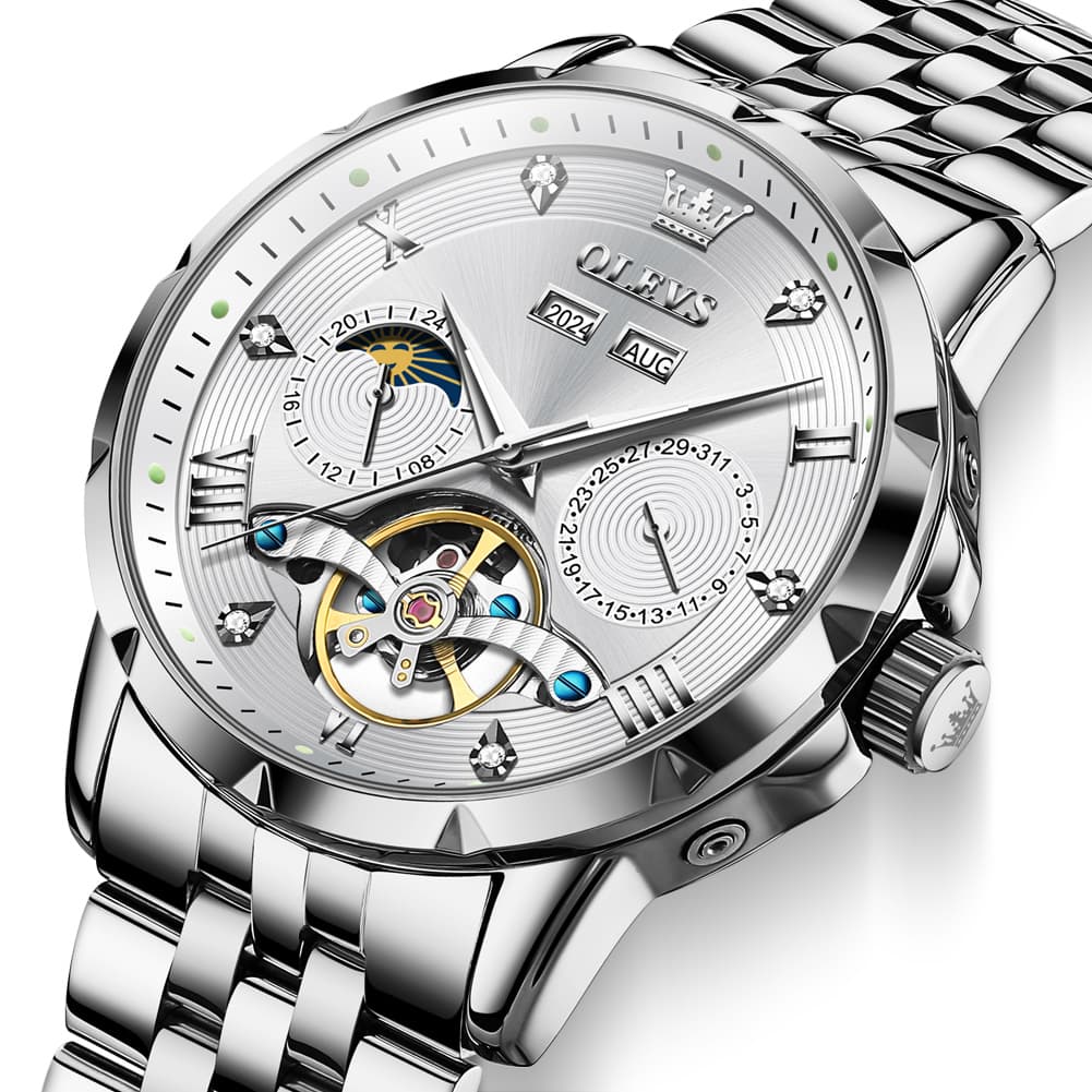 OLEVS 6691 Automatic Moon Phase Skeleton Steel Watch for Men