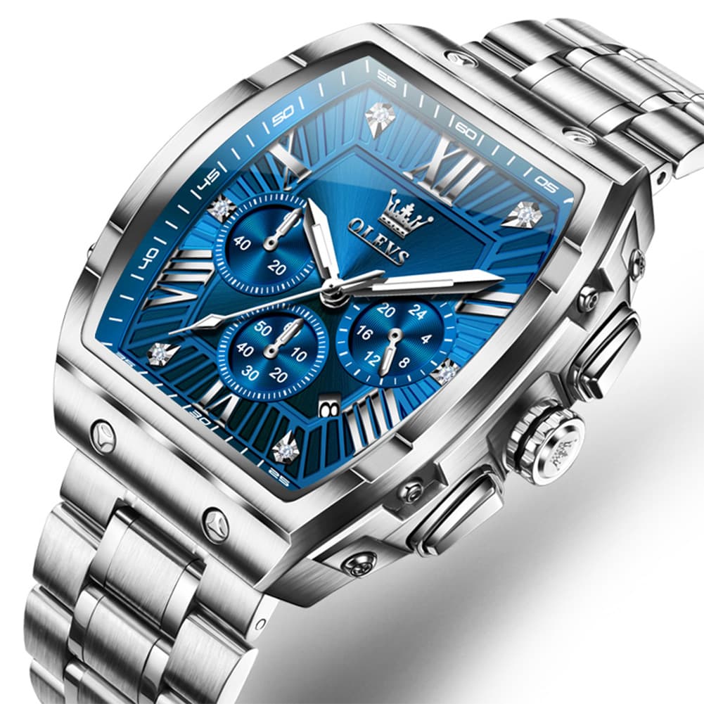 OLEVS Men Tonneau Watch Chronograph Stainless Steel Luxury Quartz 5639