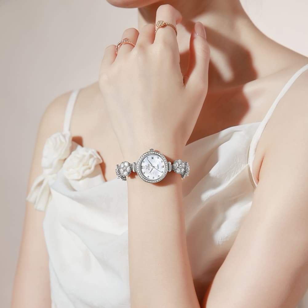 OLEVS Women Spinning Flower Watch Peach Blossom Crystal Mother of Pearl Date Quartz 5638