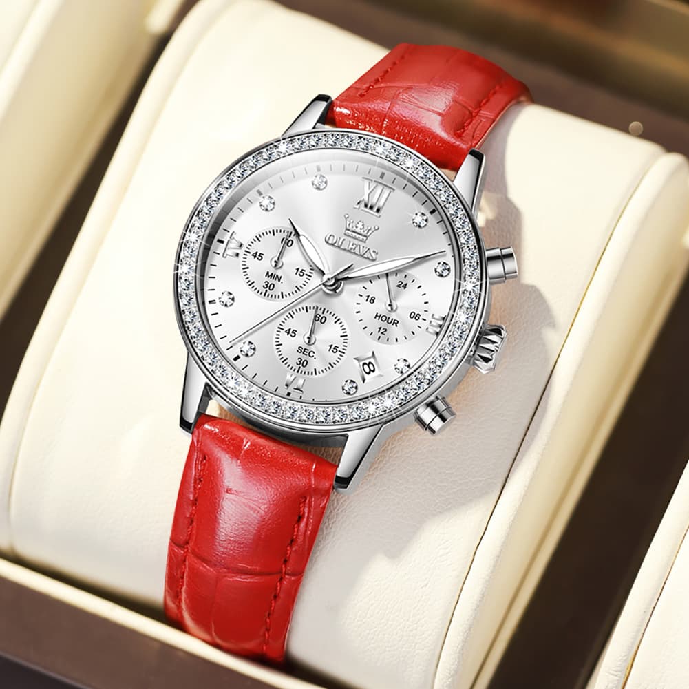 OLEVS 9933 Crystal Bezel Chronograph Leather Watch for Women