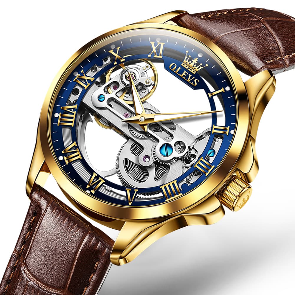 OLEVS 6661 Leather Skeleton Mechanical Watch for Men
