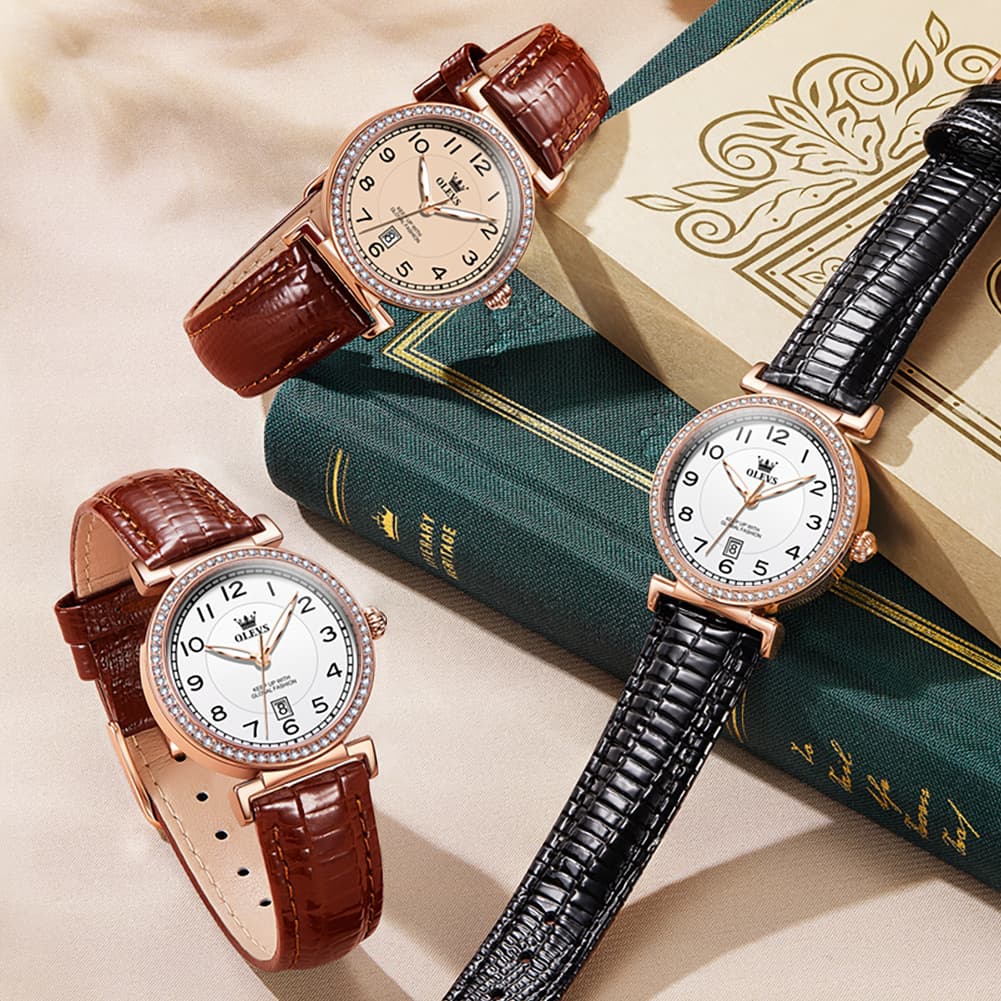 OLEVS Women Vintage Leather Dress Watch Arabic Numerals Date Quartz 5590