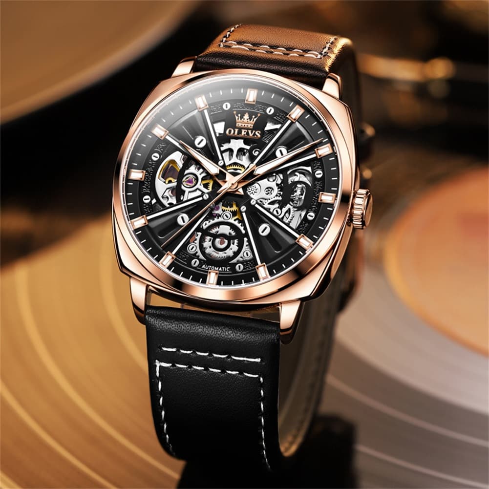 OLEVS 6685 Mechanical Skeleton Leather Watch for Men