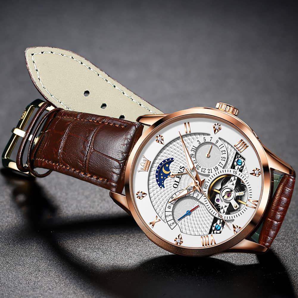 OLEVS 6652 Leather Mechanical Moon Phase Watch for Men