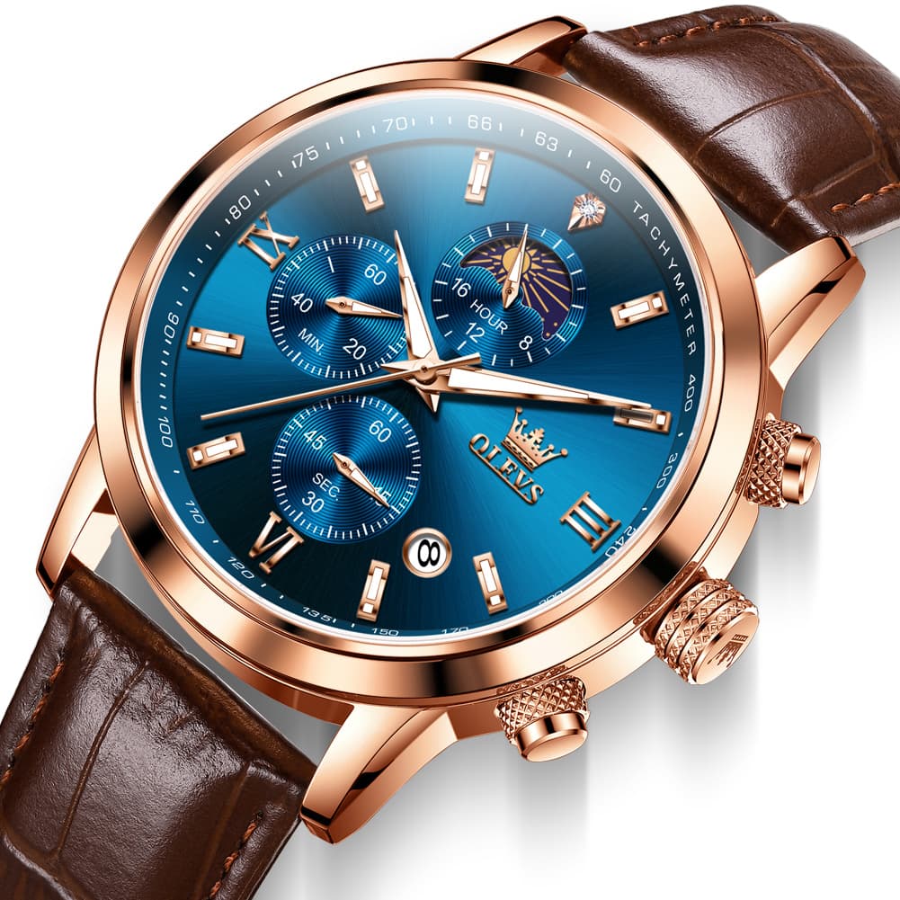 OLEVS 9812 Moon Phase Chronograph Leather Watch for Men