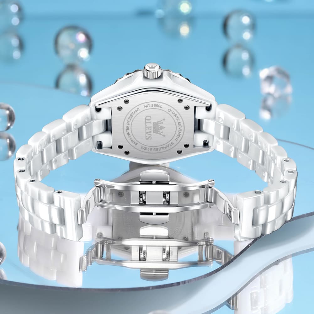 OLEVS 5658 White Ceramic Watch Diamond Accent Quartz Butterfly Clasp Luxury Timepiece for Women