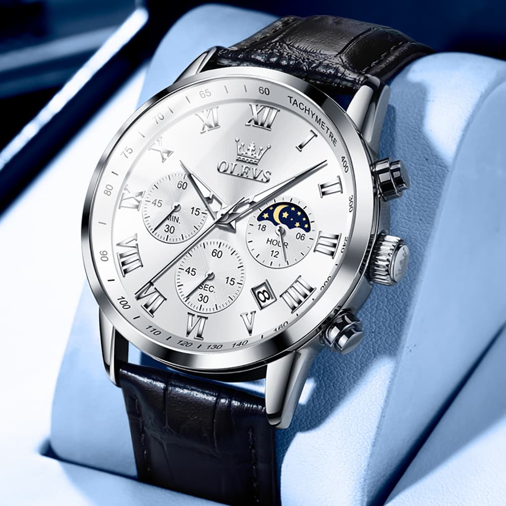 OLEVS Chronograph Moon Phase Dress Watch Leather Strap for Men 5529