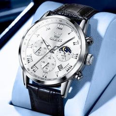 OLEVS Chronograph Moon Phase Dress Watch Leather Strap for Men 5529
