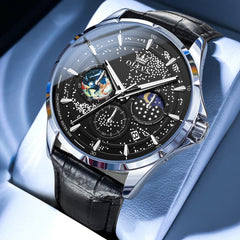 OLEVS Starry Sky Moon Phase Watch Leather Strap for Men 5538