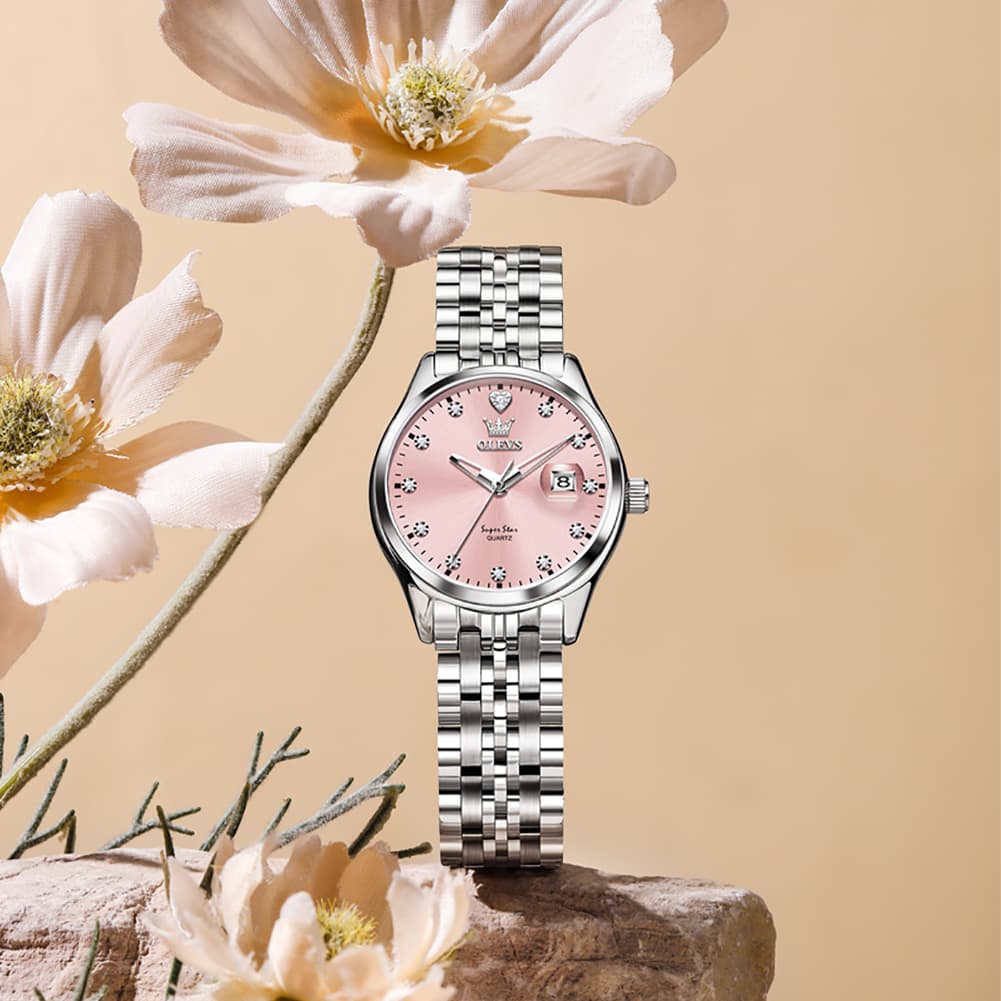 OLEVS 5649 Diamond Starry Dial Quartz Watch Calendar Stainless Steel Bracelet Timeless Timepiece for Women
