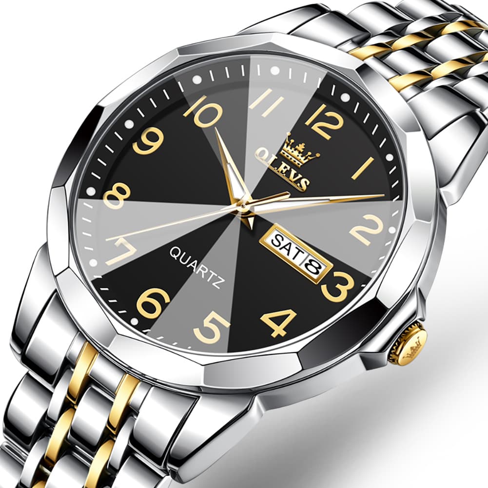 OLEVS 9970 3D Rhombic Faceted Glass Day Date Watch for Men