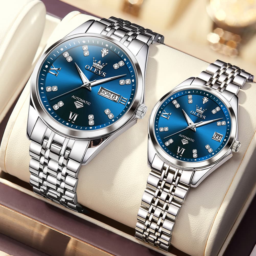 OLEVS Couple Watches Set Automatic Mechanical Diamond Dial 9801 for His and Hers
