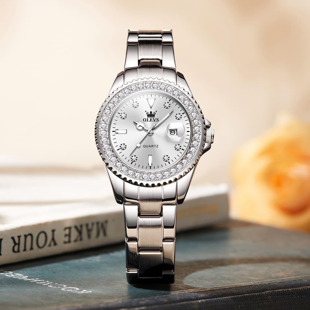 OLEVS 9945 Diamond Bezel Date Display Quartz Watch for Women
