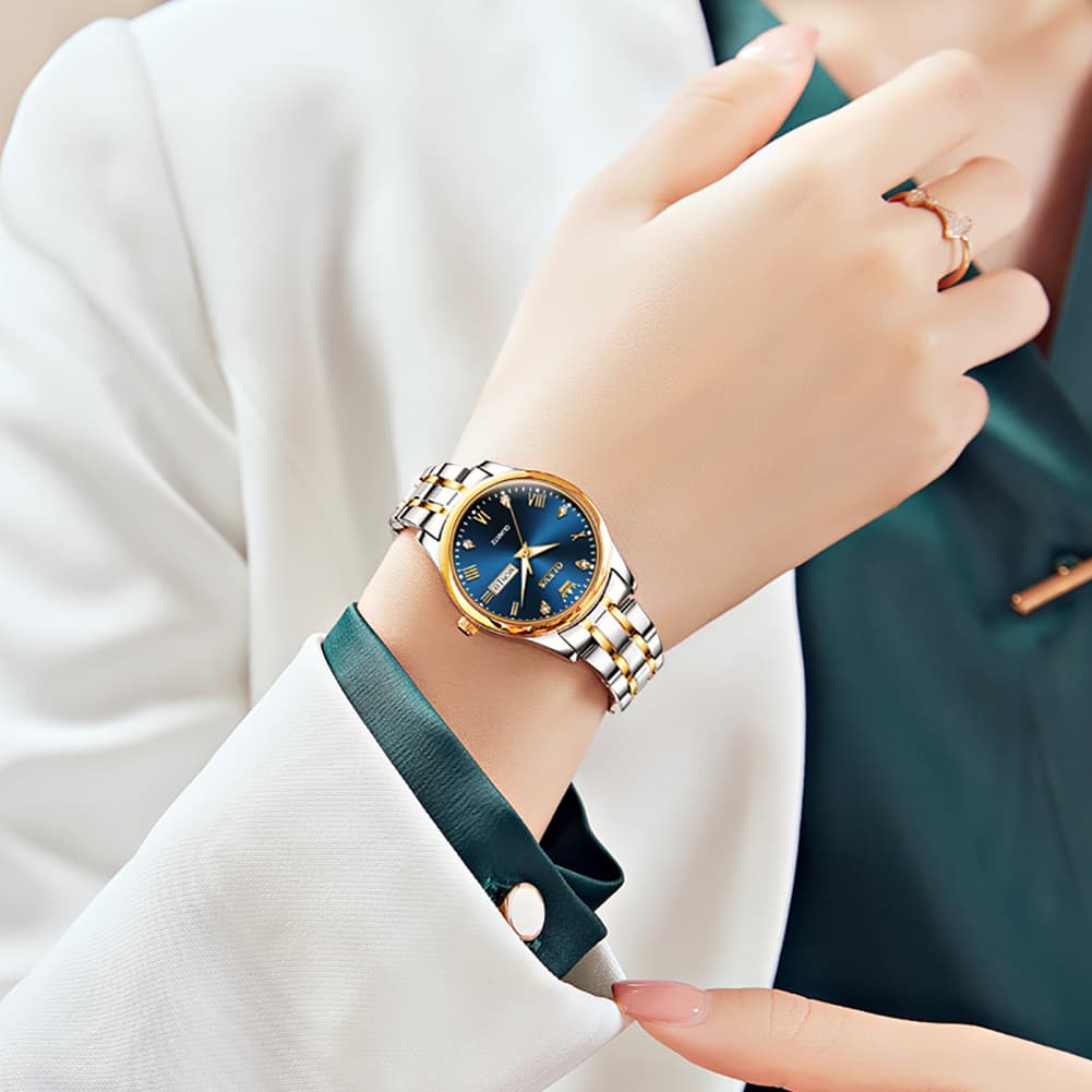 OLEVS Women Diamond Dress Watch Two Tone Stainless Steel Quartz Day Date 5563