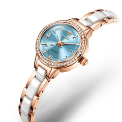 OLEVS 7093 White Ceramic Watch Women Dainty Diamond Bezel Date Quartz Jewelry Timepiece