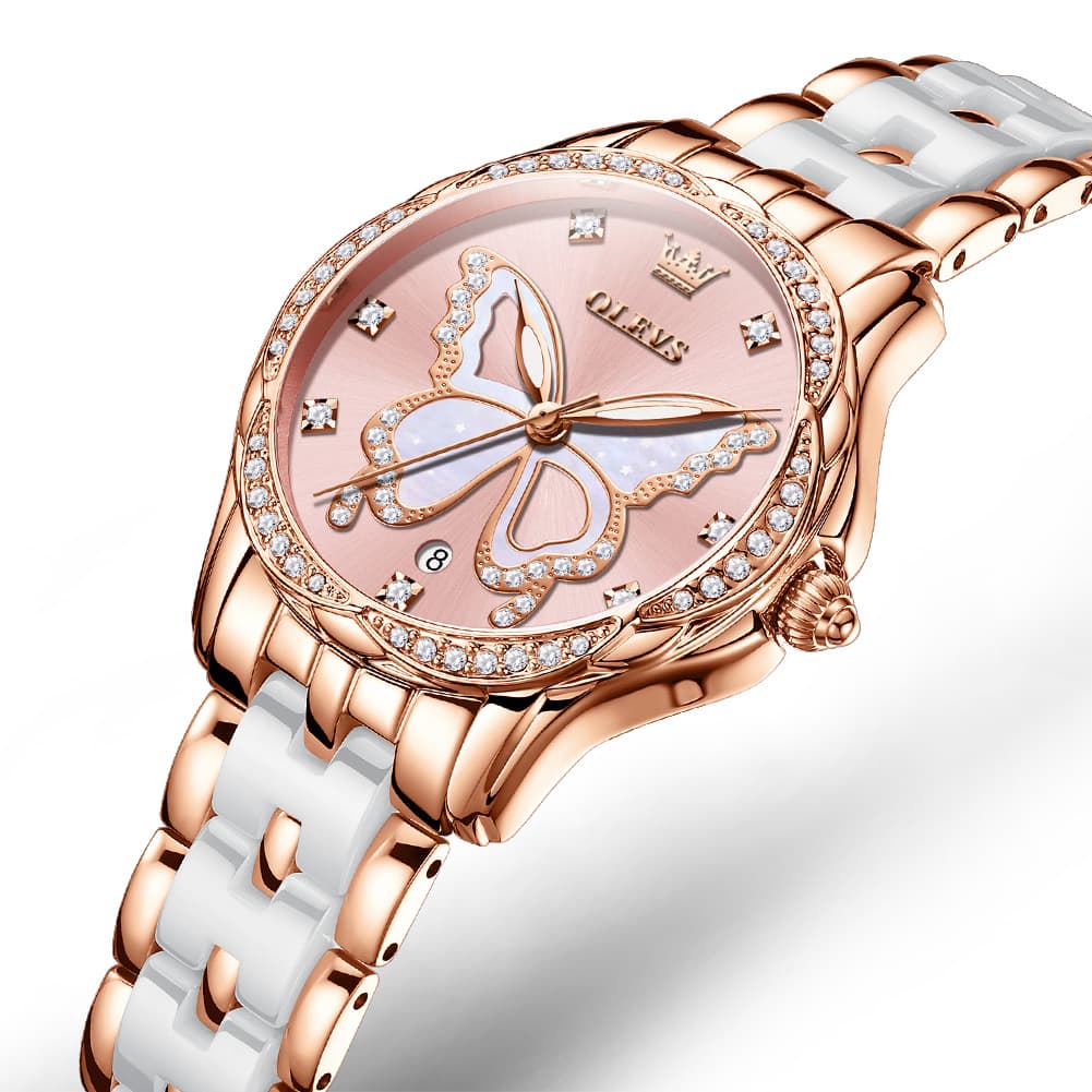 OLEVS Women Butterfly Watch Ceramic Rose Gold Diamond Date Quartz 5610
