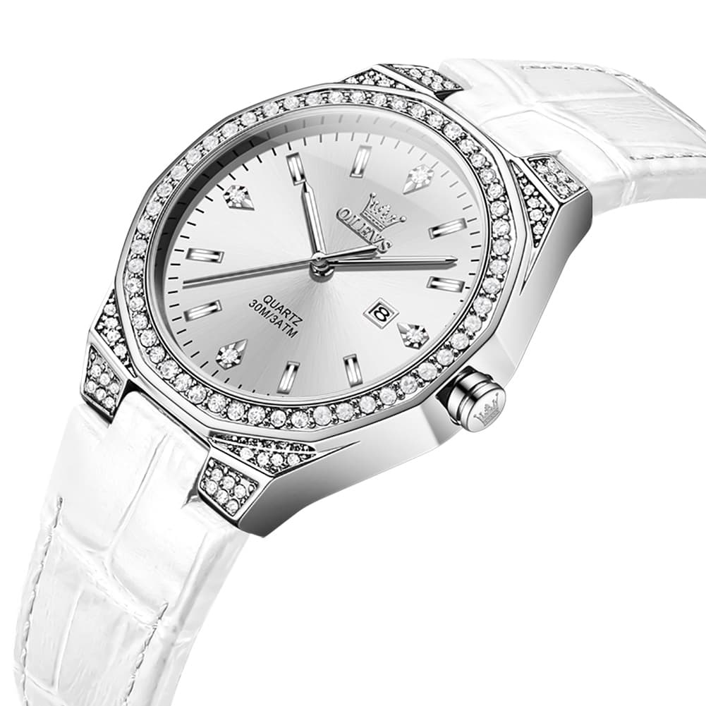 OLEVS Women Octagonal Watch Diamond Bezel Leather Strap Date Quartz 5606