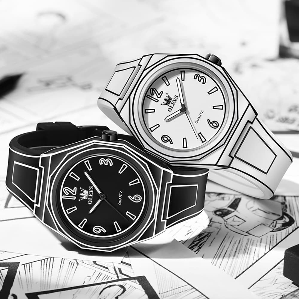 OLEVS 1018 Comic Style Quartz Silicone Watch for Men - Black Watch | Olevs Watch Store