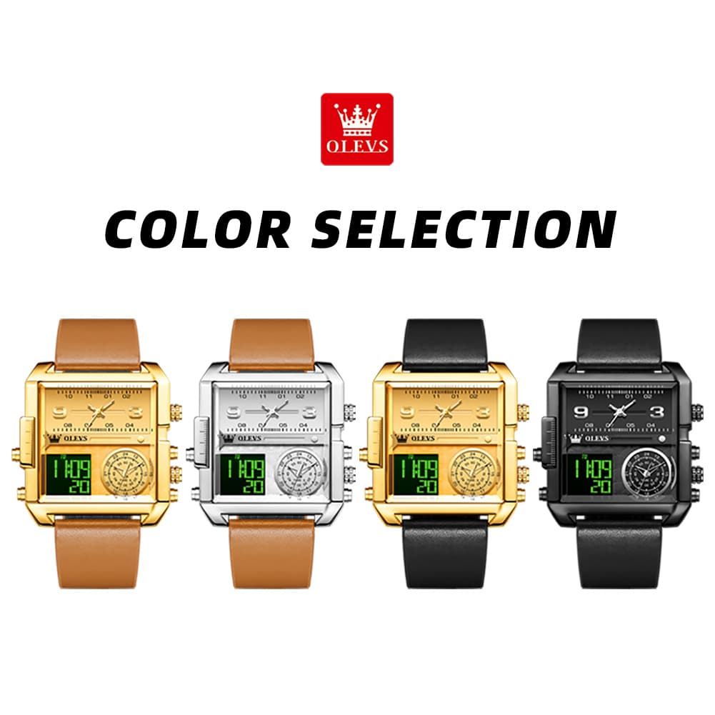 OLEVS 1101 Square Dual Time Analog Digital Watch for Men - All Black Watch | Olevs Watch Store