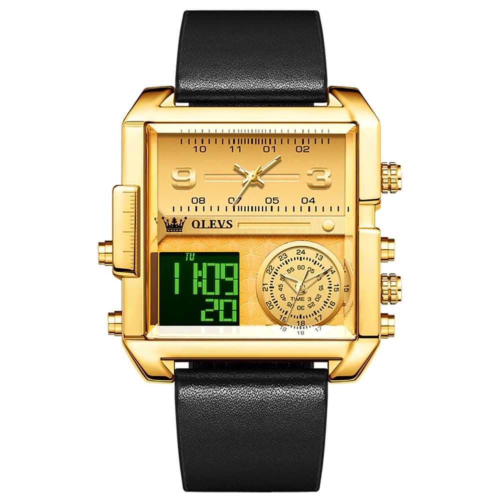 OLEVS 1101 Square Dual Time Analog Digital Watch for Men - Gold Black Watch | Olevs Watch Store
