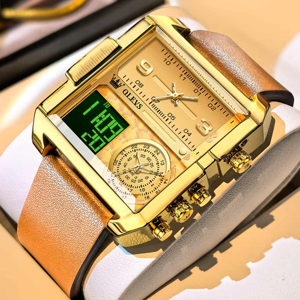 OLEVS 1101 Square Dual Time Analog Digital Watch for Men - Gold Brown Watch | Olevs Watch Store